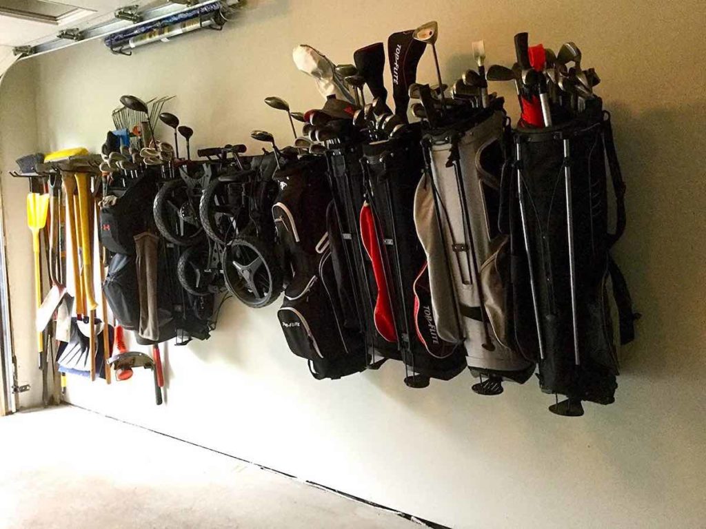 Golf Club storage in a garage. Golf Bag racks make an excellent way for storing your golf clubs.